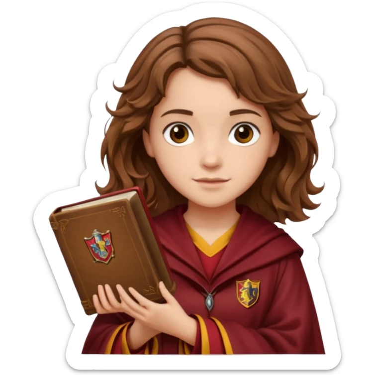 Illustrate Hermione Granger with wavy brown hair, Gryffindor robe & holding a book or wand sticker