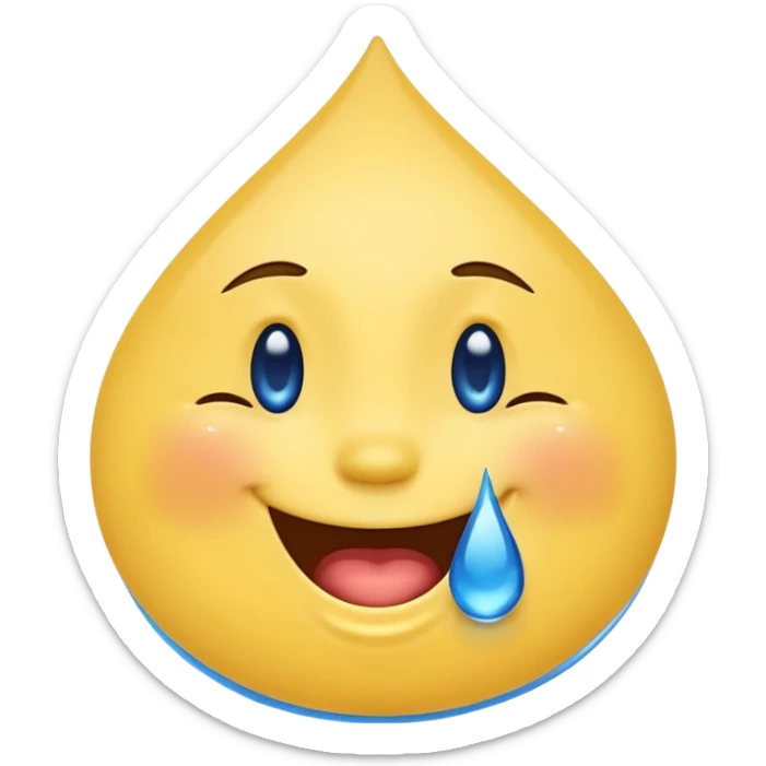 Emoji, yellow round laughing face, blue tears of joy on it. 2 big blue tear drops on each of the 2 cheeks sticker