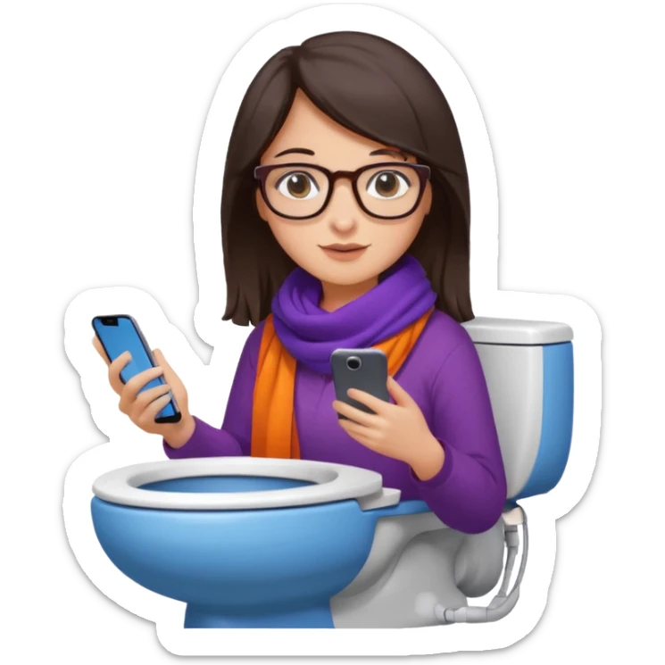 Fille châtain foncé avec lunettes. Elle porte une grosse écharpe violette, bleu et orange. Elle est dans une cuvette de toilette. Téléphone en main. Realiste sticker