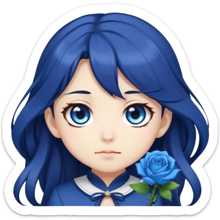 cute anime girl emoji, long dark hair, blue rose hair accessory, big blue anime eyes, chibi anime style sticker