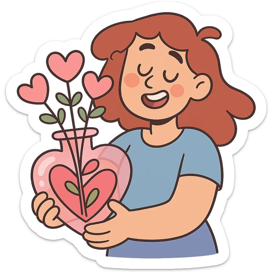 transparent pink heart vase with matching pink heart flowers, soft pastel illustration style sticker