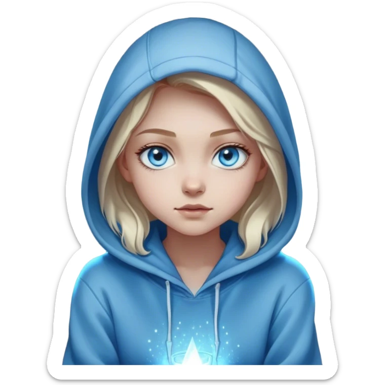 Cinematic girl with large sparkling blue eyes wearing a hoodie sitting, Ultra realistic 32k HD, hauntingly beautiful, Balanced features, highly detailed, glowing, high shine, enchanting, ghostly, dreamy glow, complex pose. The image is so lifelike it could leap off the canvas at any moment sticker