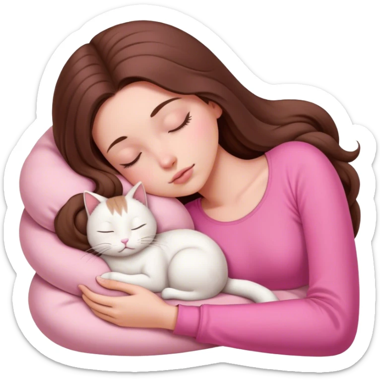 A pretty white girl with very long brown hair and pink clothing sleeping curled up to a white cat  sticker