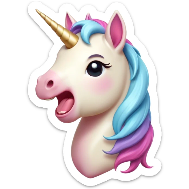 Cinematic Cute Yawning Unicorn Pony Portrait Emoji, Head tilted slightly with a dramatic, wide-open yawn, showcasing a petite, softly glowing form with a gently drooping mane, a subtle, shimmering horn and sleepy, half-closed eyes, Simplified yet irresistibly adorable features, highly detailed, glowing with a soft, cozy pastel glow, high shine, relaxed yet expressive, stylized with a dash of whimsical enchantment, soft glowing outline, capturing the essence of a drowsy yet affectionate unicorn pony that appears ready to stretch and yawn its way off the screen! sticker