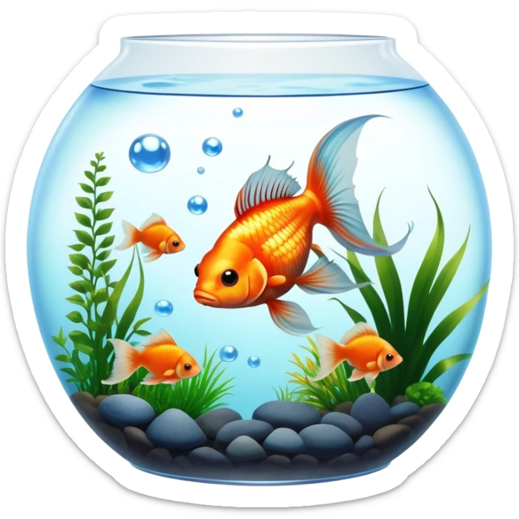 Large aquarium fish like veil tails and lionhead goldfish swimming gracefully in a beautifully decorated aquarium. Colorful aquatic plants, smooth rocks, and gentle bubbles surround the fish. The water shimmers in sunlight, creating a peaceful and vibrant underwater scene. Transparent background. sticker