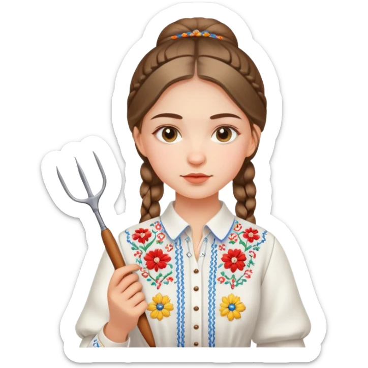 Ukrainian young girl in white embroidered traditional shirt holding needlework tools sticker