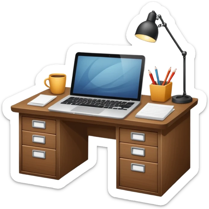 simple emoji of a cozy desk with a paper and a laptop on it sticker
