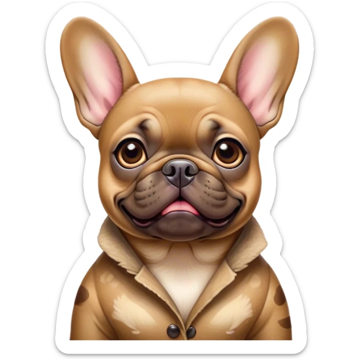 Cinematic Comical Fawn French Bulldog Portrait Emoji, Head tilted dramatically with an exaggeratedly amused expression, featuring a striking fawn coat with a subtle brindle pattern, wide, expressive dark eyes filled with playful disbelief, Simplified yet hilariously expressive features, highly detailed, glowing with a slightly sassy glow, high shine, dramatic yet playful, stylized with an air of cheeky charm, bright and endearing, soft glowing outline, capturing the essence of a spirited and over-the-top companion, so meme-worthy it feels like it could side-eye its way into internet fame instantly! sticker