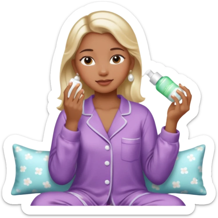 Clean girl aesthetic emoticons, apply skincare products, pearl earrings, glowing skin, pajamas, soft lighting sticker