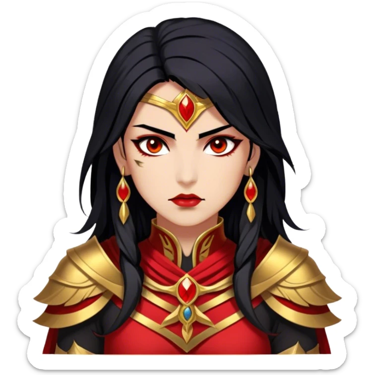 Cinematic Stunning Mulan Portrait Emoji, Fierce yet graceful, flowing raven-black hair, piercing brown eyes filled with determination, adorned in regal red and gold warrior attire, glowing with the strength and beauty of a true heroine, an elegant warrior in her prime! sticker