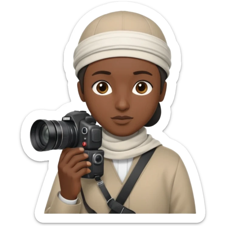 Black Muslim photographer, dark skin tone, dressed in a modest modern outfit, kufi cap, holding a DSLR camera (Canon/Nikon), focused expression, outdoor photoshoot setting, clean depth of field, highly realistic, detailed portrait, 4K. sticker