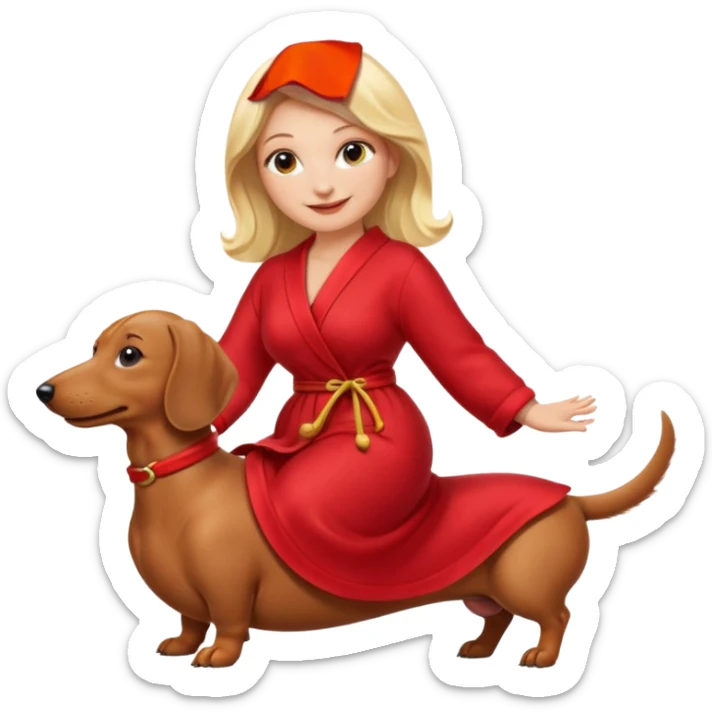 A blonde curvy woman riding on top of a dachshund wearing a red robe sticker