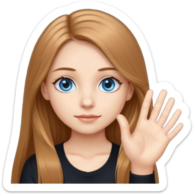 A girly girl with long eyelashes, very long light brown hair, blue eyes, with her palm up. with black undershirt sticker