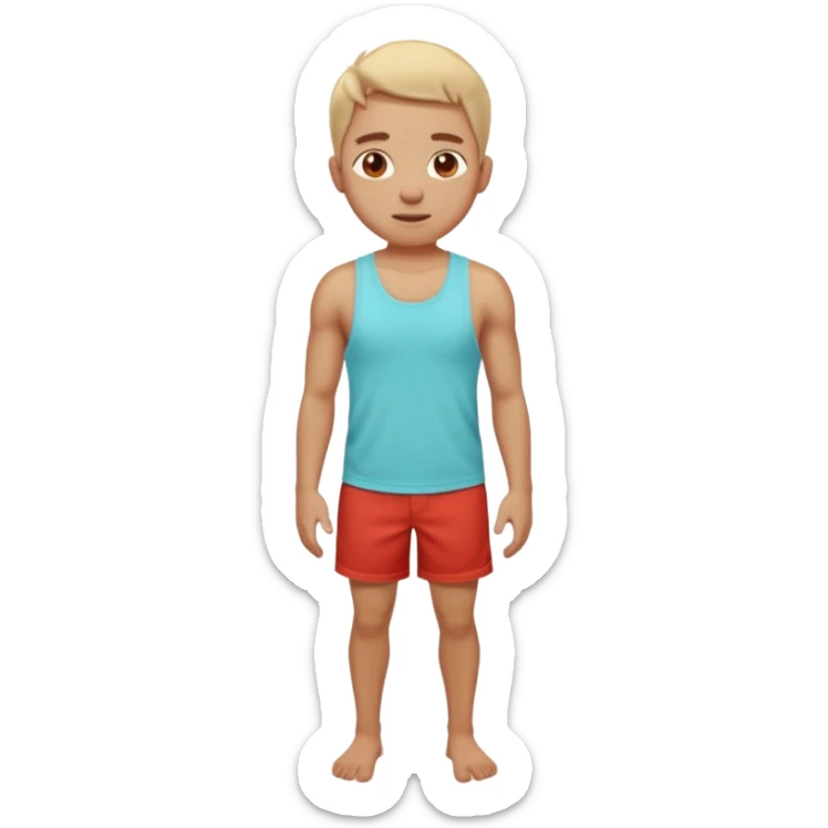 Emoji-style person standing in beach shorts, skin visibly sunburned and red on arms, legs, and face, but chest and shoulders clearly lighter with tank top tan lines. Expression shows mild pain or discomfort, cute rounded emoji design, soft 3D shading, vibrant colors sticker