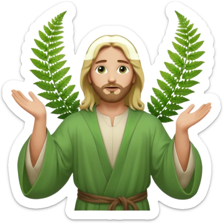 Jesus, green eyes, blonde hair, light green robe. opening arms, gazing thoughtfully. Soft light, subtle fern. Waist-up, profile. sticker
