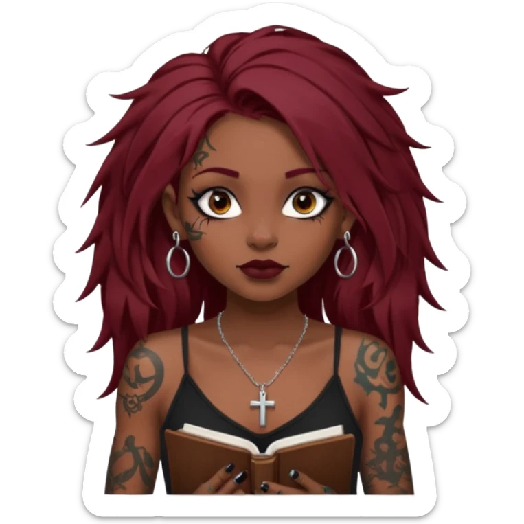 generate an ios genmoji of a dusky girl with long dark red messy hair with eyeliner on her eyes. septum piercing, wearing a cami black top, has tattoos, on shoulders. ear piercings. wearing a cross silver necklace. carrying a lot of sketchbooks sticker