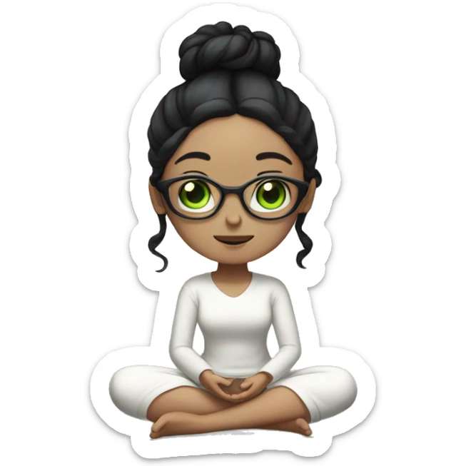 White skinned girl with glasses and green eyes and a bun with black hair, meditating on the floor sticker