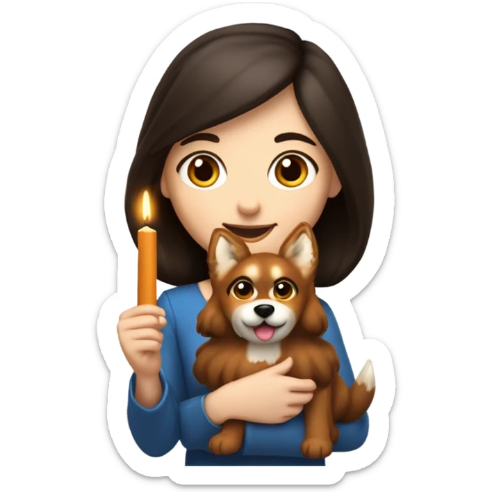 White girl with long wavier dark brown hair holding a menorah for Hanukkah with her fox lookalike dog  sticker