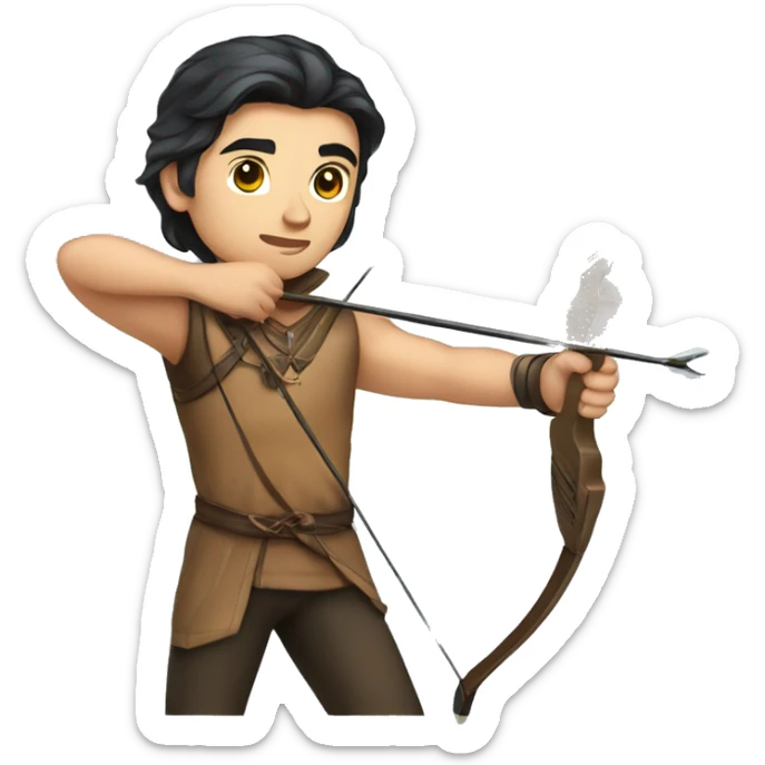 a male archer aiming with a bow in his hand but no arrow, dark hair, bright skin, sticker