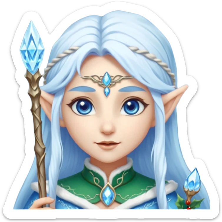 Legendary fantasy Christmas elf portrait icon, Santa Claus and Snow Maiden inspired, ancient winter spirit style, long flowing white-blue hair, glowing frost eyes, crystal staff, elegant elven features, divine winter magic aura, icy silver color palette, highly detailed but clean emoji icon sticker