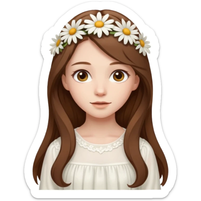 Girl with long brown hair, pale skin, daisy hairclips, long sleeved white flowy dress sticker