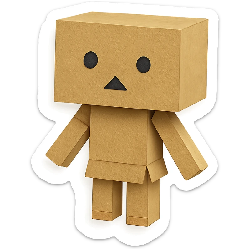 Danbo, the cardboard robot, in a softly lit room with wooden floor, cartoonish style, clean lines, pastel palette, cozy and nostalgic mood sticker