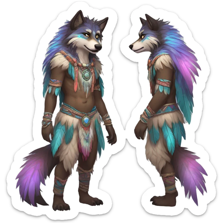 Anthro Fluffy Colorful Shy Spiritual Shamanic WereWolf-sona With Shiny Tribal Markings wearing feathers Full Body Detailed High Quality sticker