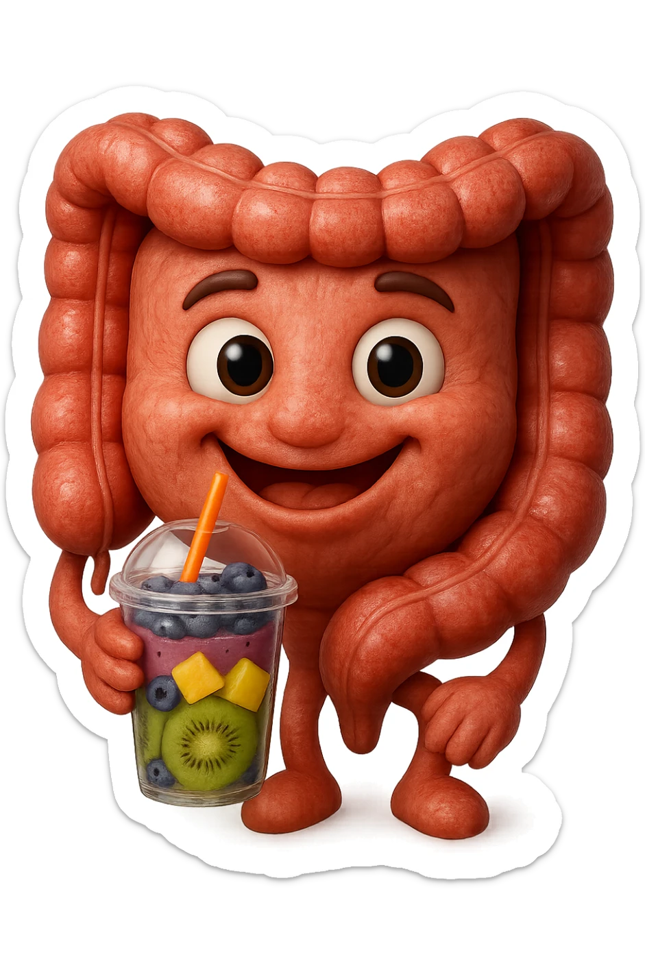 EMOJI STILE IPHONE DI un intestino umano anatomico che beve un frullato di mirtilli, ananas, kiwi, fagli anche la parte bianca degli occhi, non solo le pupille, REALISTICo 4K sticker