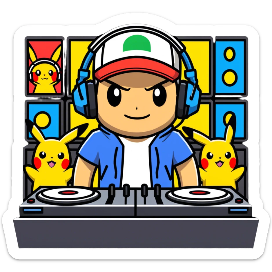 Hot handsomeb muscular 6ft tall ash ketchum being a  dj for a bunch of pikachus sticker