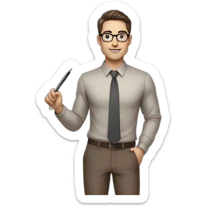 Pale skinned fit man with dark brown hair in gray jacket, beige office shirt, brown tie, brown pants and vintage glasses Writing on the flipchart sticker