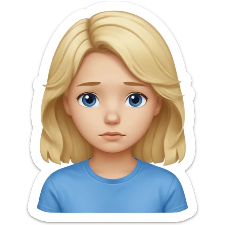 Sad blond girl with light weavy hair with a blue shirt but we can see only her face and neck and the top of the t shirt, no whole body sticker