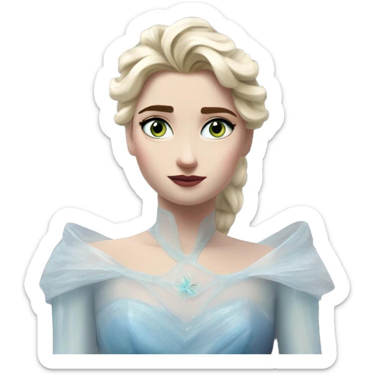 Halo award winning Elsa in MS-DOS style, oil paint, mysterious eyes, intricate lips, masterpiece pose, odd perspective, beautiful, desirable, logical, midsommar, ikea sticker