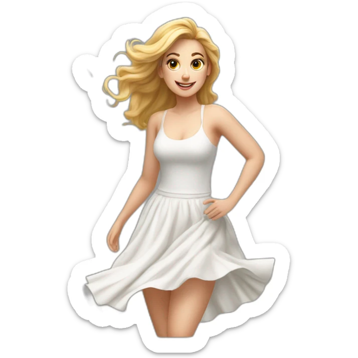 Hyperrealistic Full body Caucasian curvy beauty jumping white skirt back and front views strong wind sticker