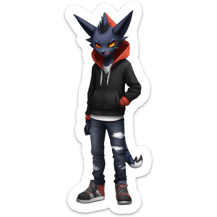 Cool Anthro Black Noivern-Absol-Litten-Pokémon with edgy stripes hoodie spiked collar punk Full Body sticker
