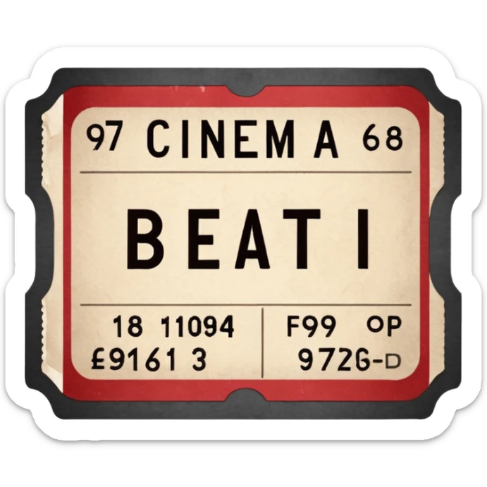 Minimalist emoji-style sticker of an old torn cinema ticket, with faded text “1 билет”, blood-stained edges and burn holes, grayscale paper

 sticker