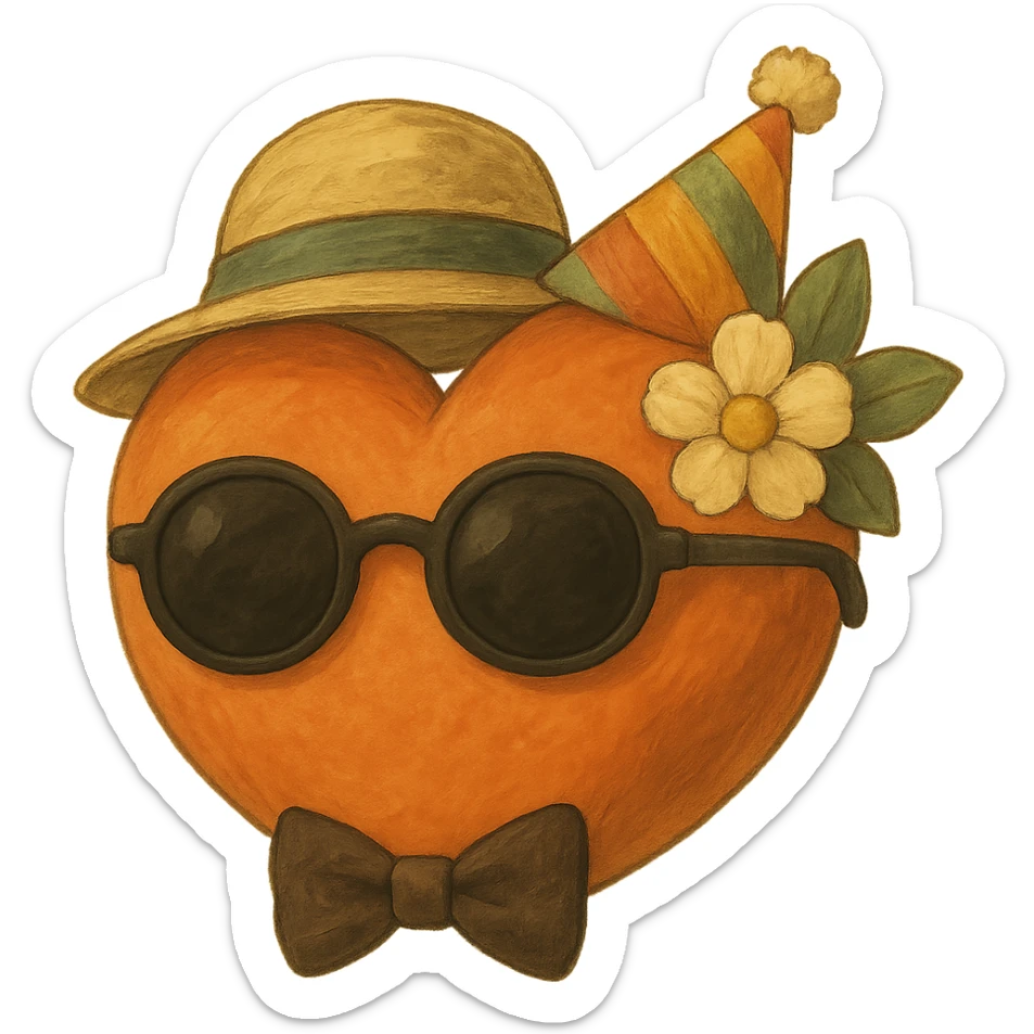 Add sunglasses, a party hat, and a bow tie to the orange heart. Keep the soft and painterly ghibli style with no background as in the reference image. sticker