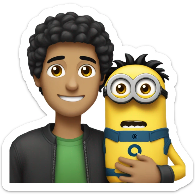 white male, brown eyes, black hair hugging and holding a minion with green eyes sticker
