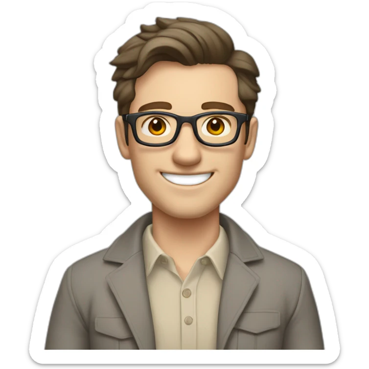 Joyful Pale skinned Fit Man With dark brown hair in gray jacket, beige office shirt, Brown pants and vintage glasses. His thrumbs up sticker