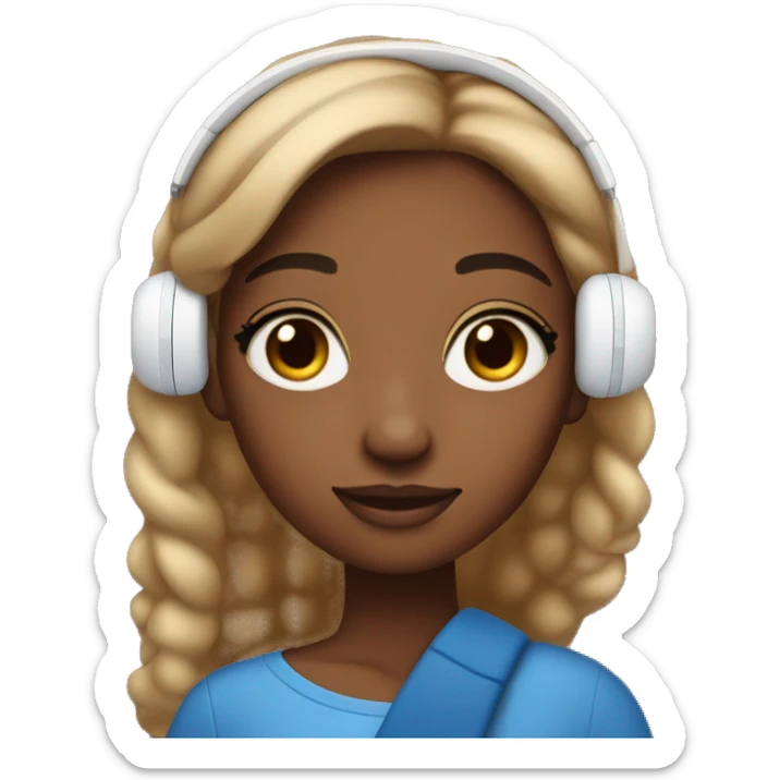 A girl with brown skin a little lighter than that listening to music on airpods and holding iphone 15 blue color sticker