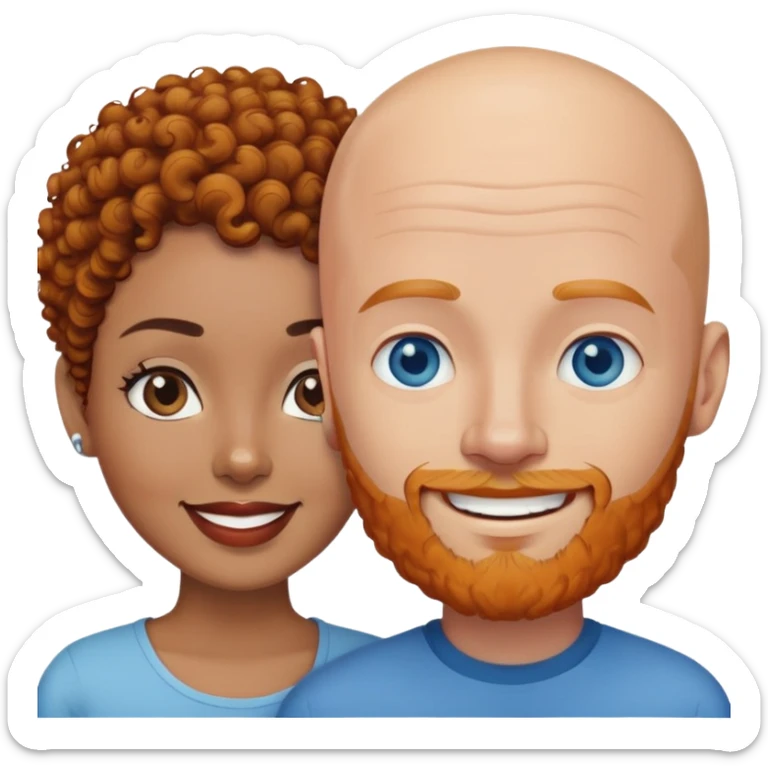 Light brown skin woman with short curly black hair and bald white man with blue eyes and ginger beard couple sticker