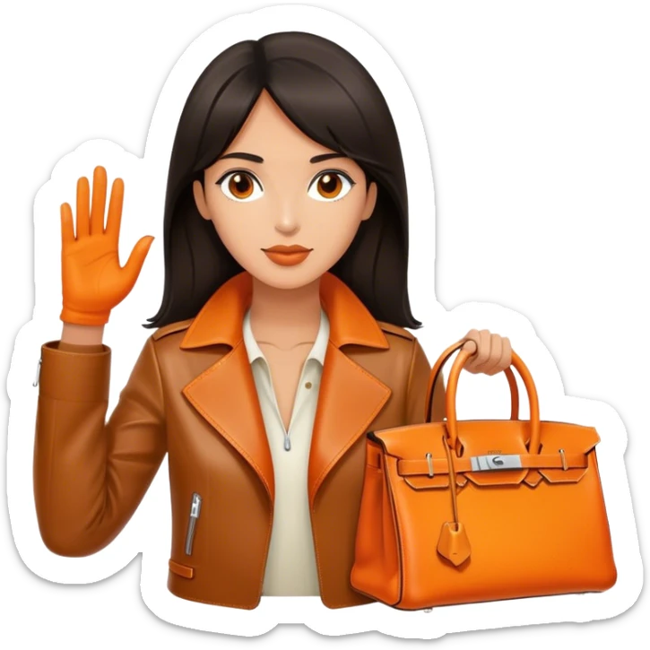 Beautiful exotic and tan woman wearing a leather Hermes jacket. She has an orange Hermes Birkin Bag. I want the image to be close up.  sticker