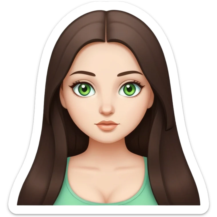 Curvy but beautiful brunette girl, very light green eyes, pin straight super long hair, modern style sticker