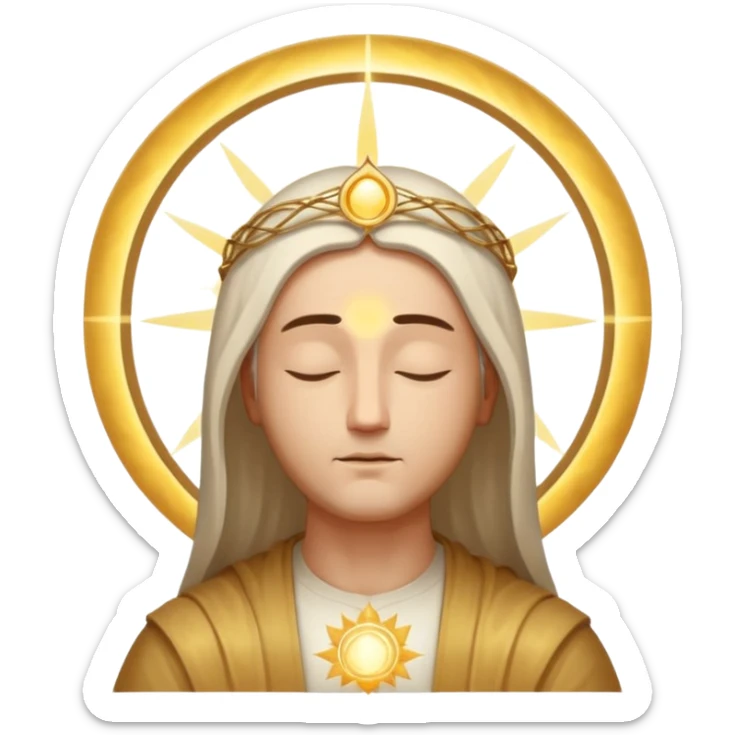 Christ Guardian of Mind, calm wise presence with luminous halo, eyes closed in meditation, gentle rays of light emanating from head, abstract symbols of intellect, iOS emoji style sticker