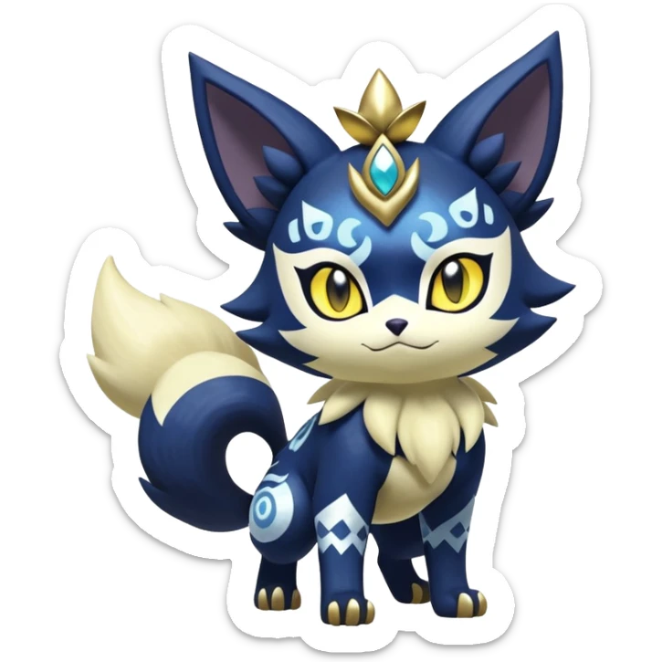 Shiny mExotic Badass Colorful Ethereal Royal Mysterious Gothic Meowstic-Zorua-Litten-Noibat-Pokémon-Fakémon-hybrid-creature (full body) with pattern-markings with golden eyes sticker