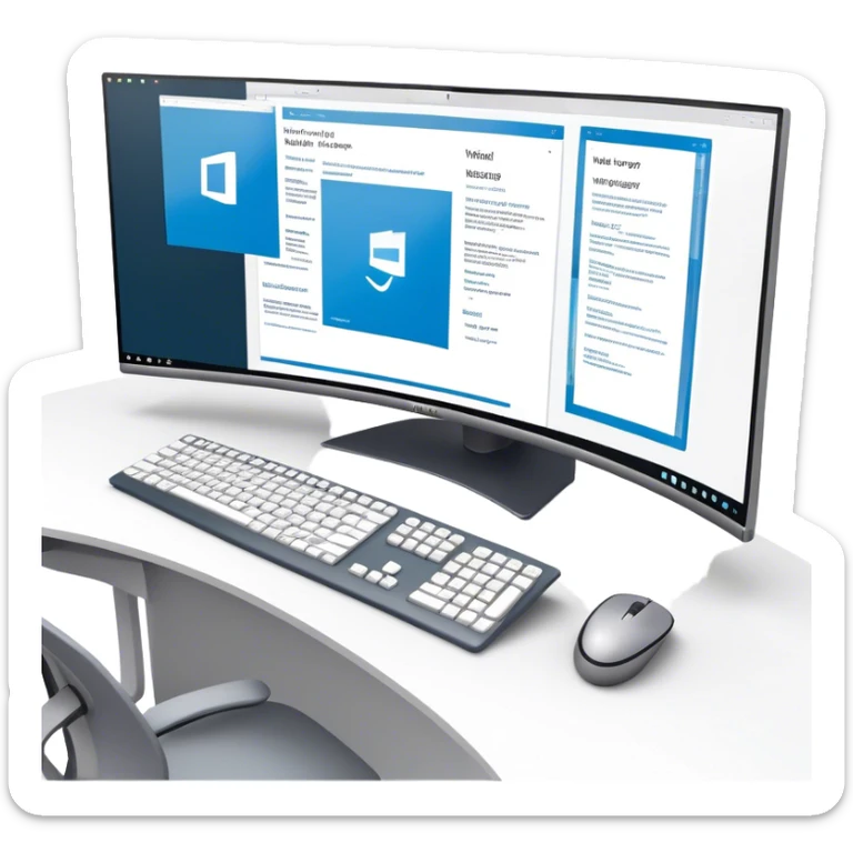 Create an emoji for UX/UI design. Show  large curved monitor displaying windows with UX/UI design HTML program interface. Include a mouse, keyboard, and stylus next to the screens. Use modern, professional colors. Do not include any emojis or smiley faces. Make the background transparent. sticker