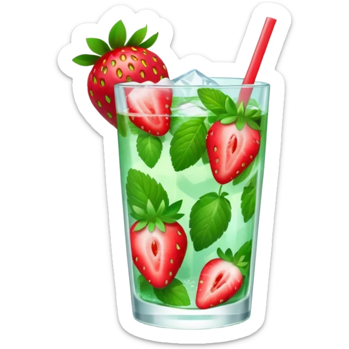 A 3D cartoon glass of strawberry mojito with mint leaves, ice cubes, and sliced strawberries, condensation on glass, bright lighting, Memoji-style realism. sticker