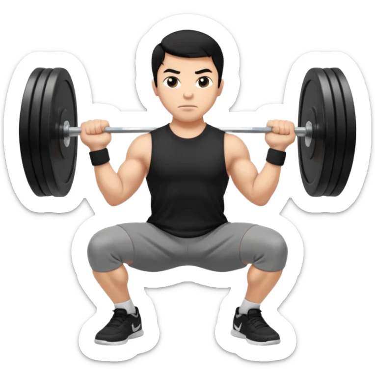 Hombre de cabello negro, tez moreno claro, vestido con playera negra, pants gris y tenis blancos tipo jordan haciendo sentadilla libre con barra con un disco de 20 kilos por lado visto de perfil  sticker