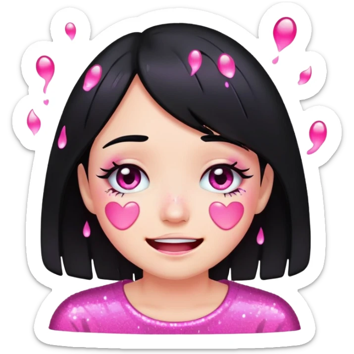 black hair girl crying with pink glitter tears, smiling, emoji style sticker