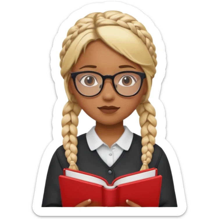 A student, girl, brown skin, braid blonde hair, wearing glasses, hold red book in front of their chest sticker