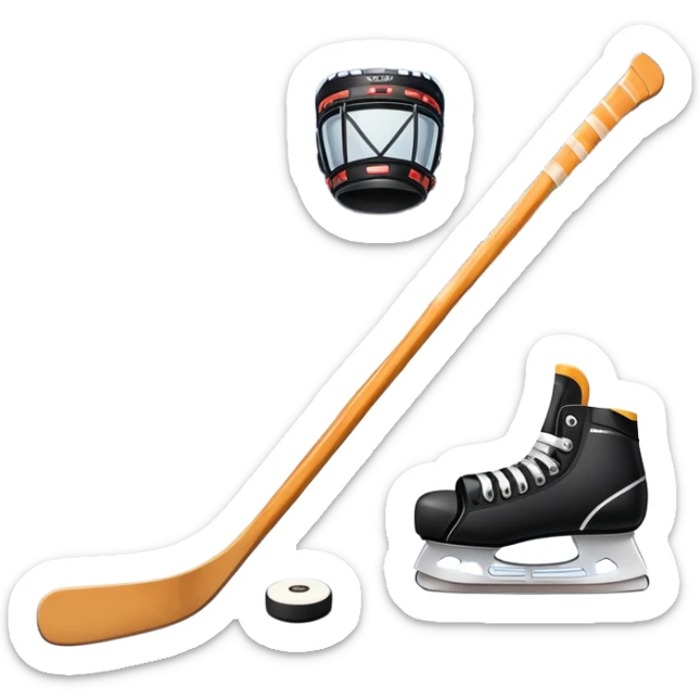 Please, make An icon featuring close-up shots of key hockey equipment: a hockey stick, puck, and skates. The background shows a packed stadium with cheering fans, bright arena lights, and an icy rink. Transparent background highlights the essentials of the game and the thrill of the sport. sticker